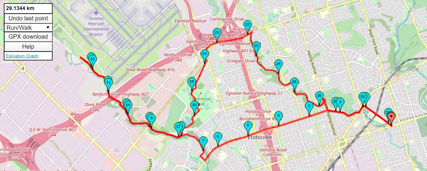 Etobicoke Creek Trail 29.1 km route map